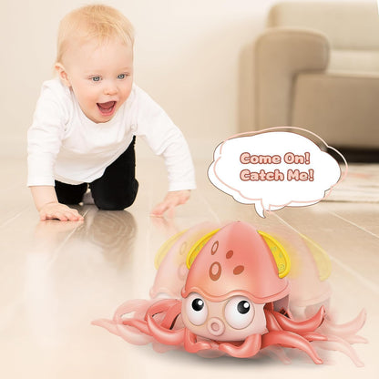 Camin Crawling Toy for Kids  Dancing Octopus with Music and LED Lights Automatically Avoids Obstacles Tummy Time (Crawling Octopus-Blue)