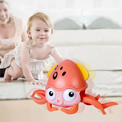 Camin Crawling Toy for Kids  Dancing Octopus with Music and LED Lights Automatically Avoids Obstacles Tummy Time (Crawling Octopus-Blue)