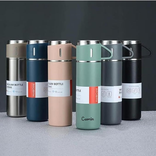 Camin Stainless Steel Vacuum Flask | Thermos | Vacuum Flask Set With Two Cups, Hot And Cold Bottle, Corporate Gifts For Employees Christmas Gift (500 Ml, Random Color)