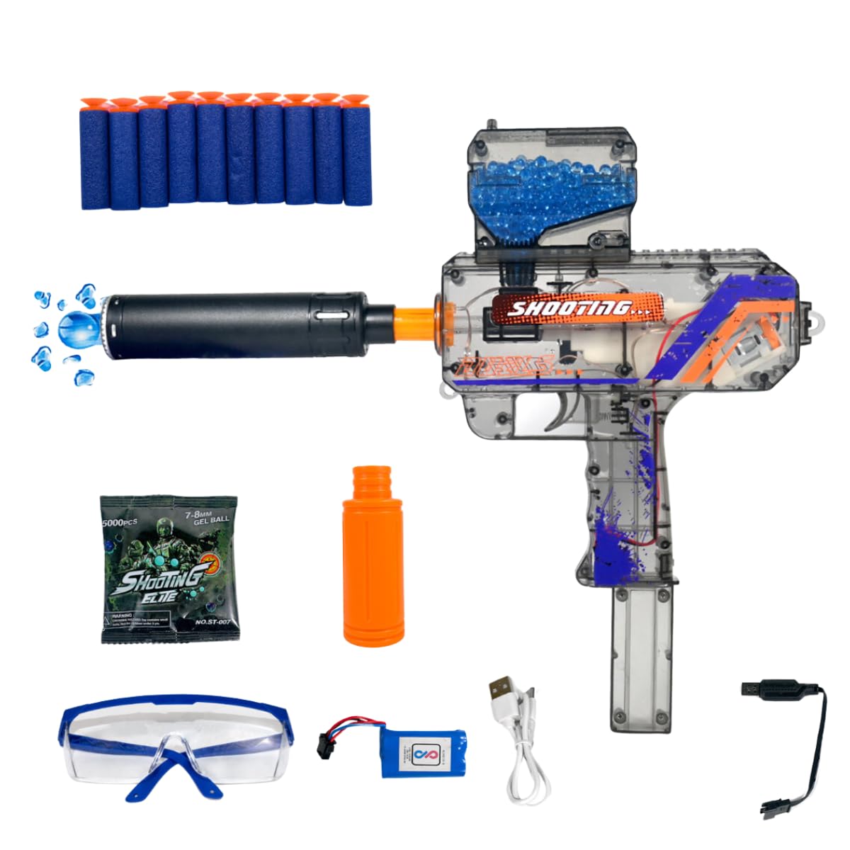 camin 2 in 1 with LED Lights Electric Uzi Gel Ball Blaster Gun & Foam Blaster Toy for Outdoor Activities Shooting Time with 5000 Gel Ball for Adult Original Airsoft Gun Automatic