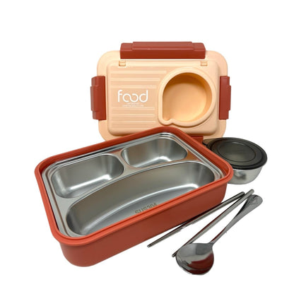 Kitchen Bloom Stainless Steel Bento Lunch Box 3 Compartment with Steel Cutlery, Heating Insulation | Lunch Box for Office Men, Women & Kids | Tiffin Box (Salmon & Corn Silk)