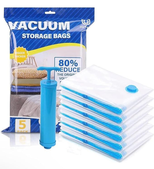 CAMIN Compression Storage Bags, 5 Pack, Large + Medium + Small Sizes, Vacuum Sealing for Clothes Storage, Bedding, Pillows, Comforters, Blankets | Airtight Reusable ziplock Bag with Travelling Hand Pump