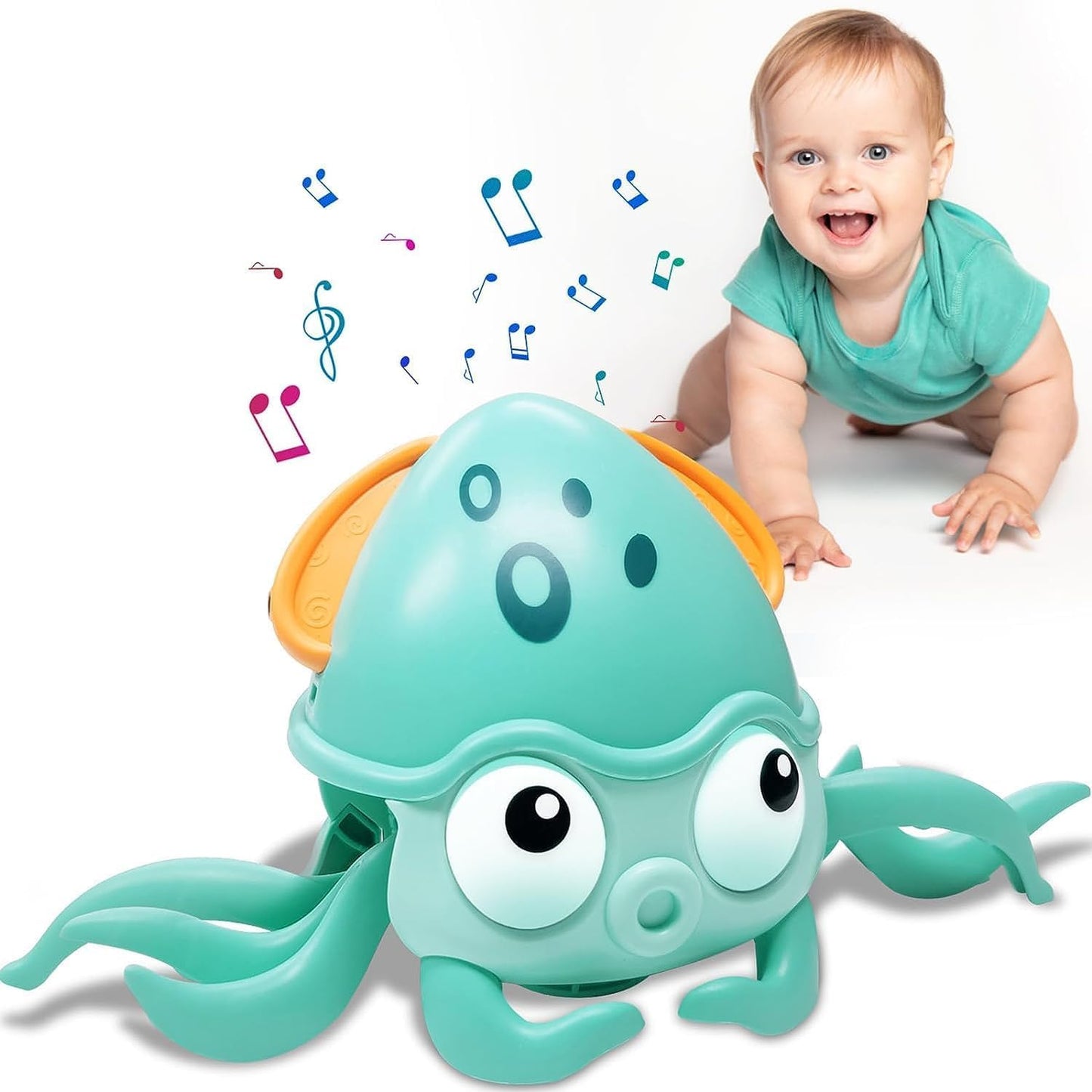 Camin Crawling Toy for Kids  Dancing Octopus with Music and LED Lights Automatically Avoids Obstacles Tummy Time (Crawling Octopus-Blue)