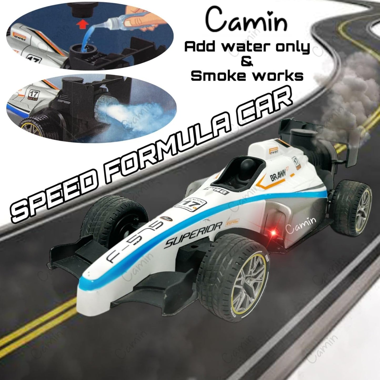 Camin High Speed RC Car, 2WD, 1:14 Scale, Formula Car Toy for Boys 5+ Years, Rechargeable, Lights & Smoke Spray, White