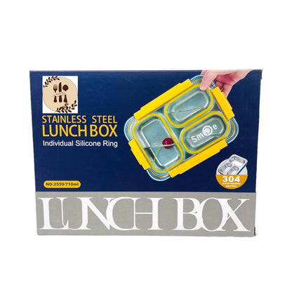 CAMIN Lunch Box for Kids - 3 Compartment Lunch Box for Kids with Spoon & chop Stick, Stainless Steel Lunch Box for Kids to School |Tiffin Box for Office for Men and Women (Blue & Yellow)