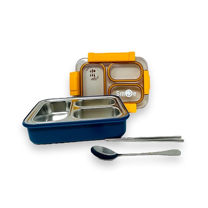 CAMIN Lunch Box for Kids - 3 Compartment Lunch Box for Kids with Spoon & chop Stick, Stainless Steel Lunch Box for Kids to School |Tiffin Box for Office for Men and Women (Blue & Yellow)