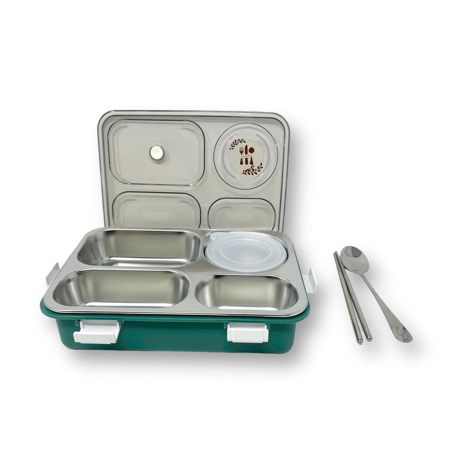 CAMIN Stainless Steel Lunch Box 4 Compartment with Steel Cutlery, Heating Insulation | Lunch Boxes for offie Men | Lunch Box for Office Women & Kids | Tiffin Box (900ml) (Dark Green)