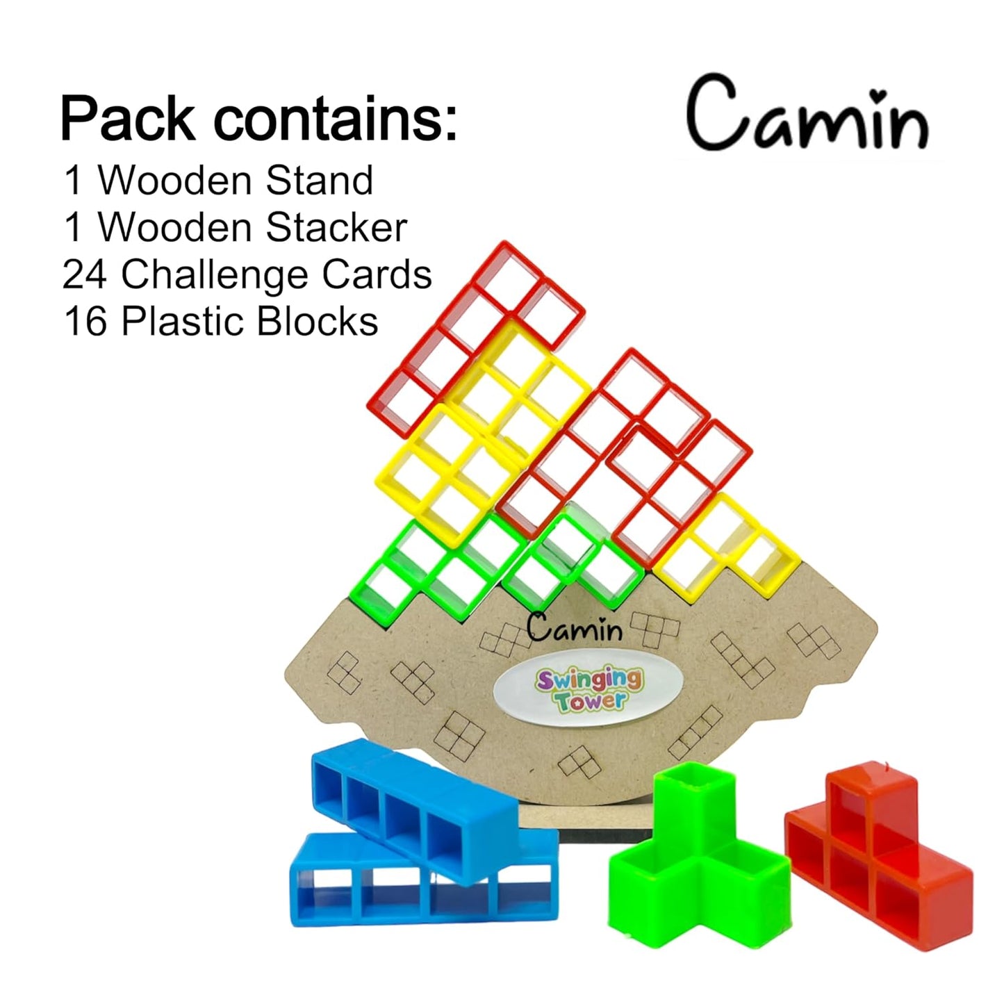 Camin 16 Pcs Tower Balance Stacking Building Blocks Game, Board Games for 2 Players Family Games, Parties, Travel, Kids & Adults Building Blocks Toy (Classic Wooden)