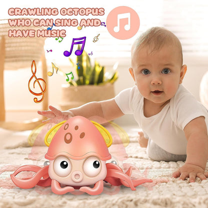 Camin Crawling Toy for Kids  Dancing Octopus with Music and LED Lights Automatically Avoids Obstacles Tummy Time (Crawling Octopus-Blue)