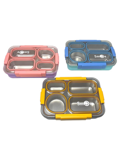 CAMIN Leakproof Lunch Box for Kids - 4 Compartment Lunch Box for Kids with Spoon & chop Stick, Lunch Box for Kids to School |Tiffin Box for Office for Men and Women (Blue & Yellow)