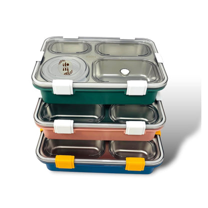 CAMIN Stainless Steel Lunch Box 4 Compartment with Steel Cutlery, Heating Insulation | Lunch Boxes for offie Men | Lunch Box for Office Women & Kids | Tiffin Box (900ml) (Dark Green)