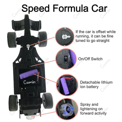 Camin High Speed RC Car, 2WD, 1:14 Scale, Formula Car Toy for Boys 5+ Years, Rechargeable, Lights & Smoke Spray, White