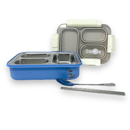 CAMIN Lunch Box for Kids - 3 Compartment Lunch Box for Kids with Spoon & chop Stick, Stainless Steel Lunch Box for Kids to School |Tiffin Box for Office for Men and Women (Blue & Yellow)