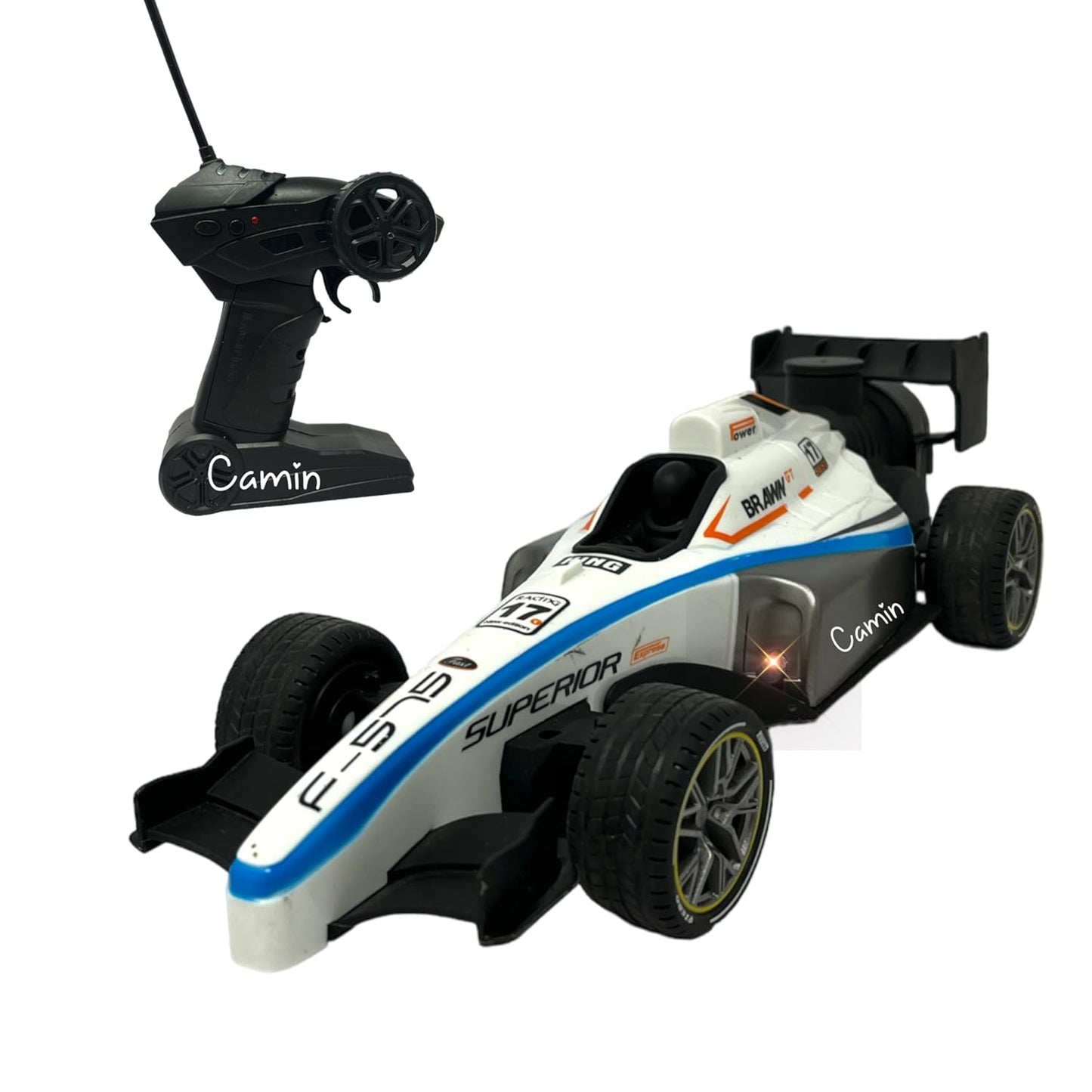 Camin High Speed RC Car, 2WD, 1:14 Scale, Formula Car Toy for Boys 5+ Years, Rechargeable, Lights & Smoke Spray, White